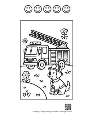 Thumbnail: Adorable Fire Dog Puppy Sitting by a Fire Engine Printable and 5 Happy Face Outline