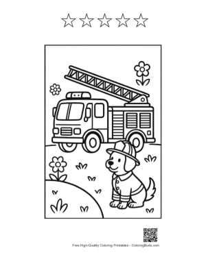 Thumbnail: Adorable Fire Dog Puppy Sitting by a Fire Engine Printable and 5 Star Outline