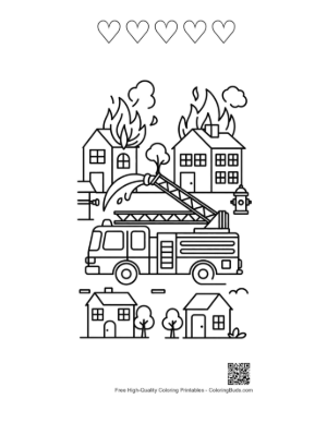 Thumbnail: Fire Engine Arriving at a Burning House in the City Printable and 5 Heart Outline