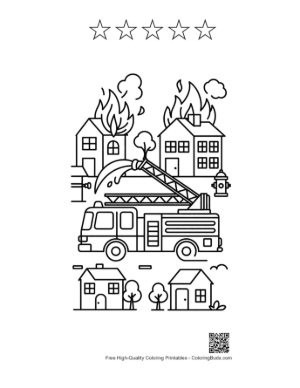Thumbnail: Fire Engine Arriving at a Burning House in the City Printable and 5 Star Outline