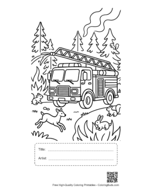 Thumbnail: Fire Engine Truck Driving Through a Forest Landscape Printable with Title and Artist Box