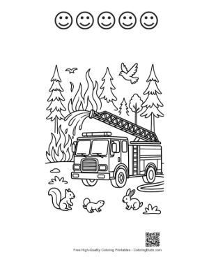 Thumbnail: Fire Engine with a Ladder Parked Near Forest Trees Printable and 5 Happy Face Outline