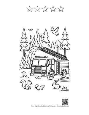 Thumbnail: Fire Engine with a Ladder Parked Near Forest Trees Printable and 5 Star Outline