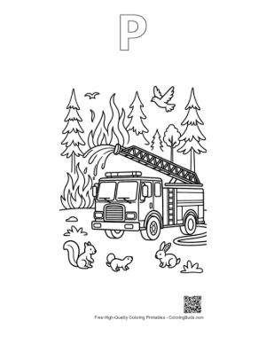Thumbnail: Fire Engine with a Ladder Parked Near Forest Trees Printable Outline Alphabet P