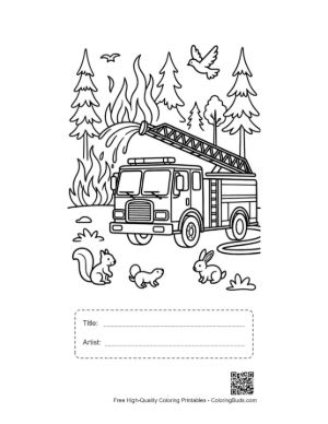 Thumbnail: Fire Engine with a Ladder Parked Near Forest Trees Printable with Title and Artist Box