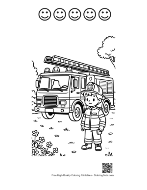 Thumbnail: Firefighter in Full Gear with a Modern Fire Engine Printable and 5 Happy Face Outline