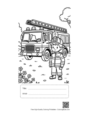 Thumbnail: Firefighter in Full Gear with a Modern Fire Engine Printable with Title and Artist Box