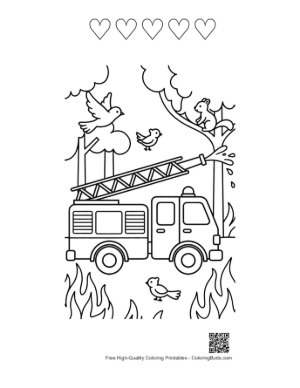 Thumbnail: Large Fire Engine with Ladder Extended in the Woods Printable and 5 Heart Outline