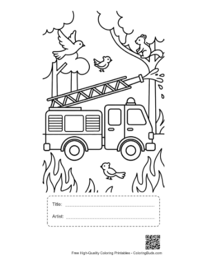 Thumbnail: Large Fire Engine with Ladder Extended in the Woods Printable with Title and Artist Box