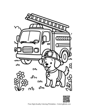 Thumbnail: Rescue Pup Standing Proudly in Front of a Fire Engine Printable
