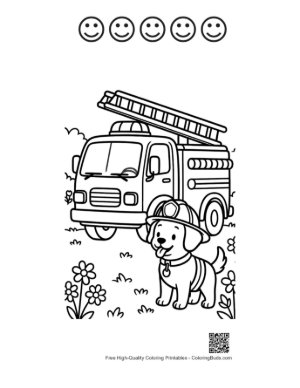 Thumbnail: Rescue Pup Standing Proudly in Front of a Fire Engine Printable and 5 Happy Face Outline