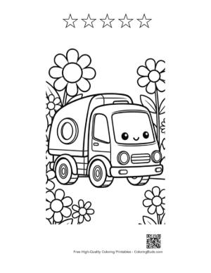 Thumbnail: Adorable Garbage Truck with Big Eyes and Flowers Printable and 5 Star Outline