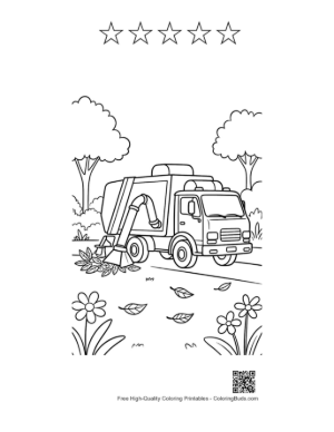 Thumbnail: Garbage Truck Collecting Leaves in a Flowery Garden Printable and 5 Star Outline