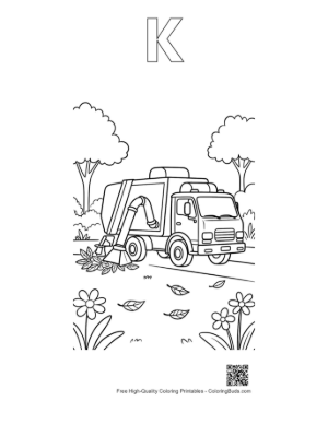 Thumbnail: Garbage Truck Collecting Leaves in a Flowery Garden Printable Outline Alphabet K