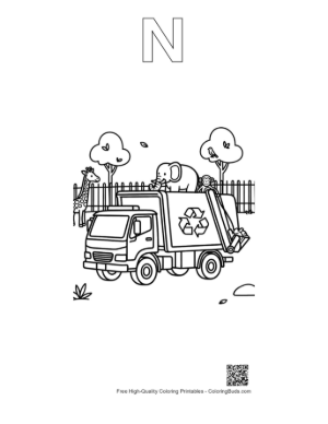 Thumbnail: Modern Recycling Truck in a Park Setting Printable Outline Alphabet N