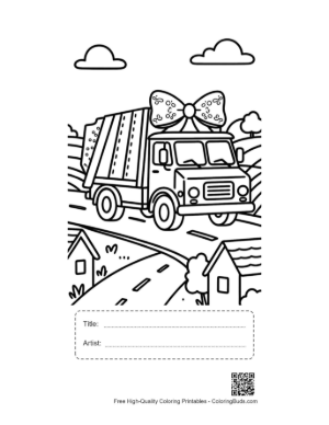 Thumbnail: Waste Management Truck Driving Past Houses and Hills Printable with Title and Artist Box