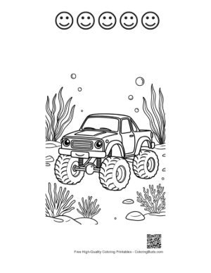 Thumbnail: Aquatic Monster Truck Driving Through Bubbles Printable and 5 Happy Face Outline