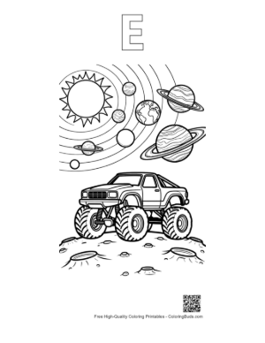 Thumbnail: Big Wheels Vehicle Exploring Distant Galaxies Printable Outline Alphabet E