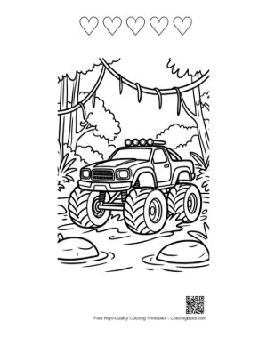 Thumbnail: Monster Truck Navigating Tropical Jungle Vines Printable and 5 Heart Outline