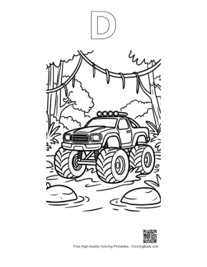 Thumbnail: Monster Truck Navigating Tropical Jungle Vines Printable Outline Alphabet D