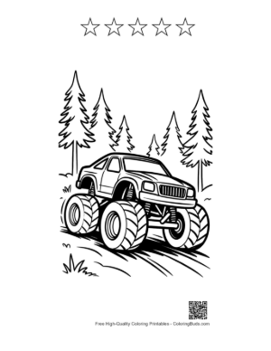 Thumbnail: Off-Road Big Wheels Truck in Winter Woods Printable and 5 Star Outline