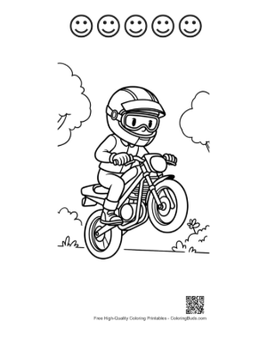 Thumbnail: Action Boy Jumping with Sport Motorcycle Coloring Page Printable and 5 Happy Face Outline