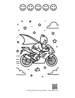 Thumbnail: Cape Crusader Hero Racing on a Sport Bike Coloring Page Printable and 5 Happy Face Outline