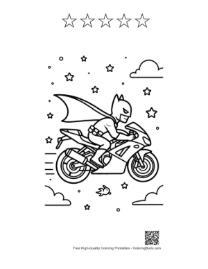 Thumbnail: Cape Crusader Hero Racing on a Sport Bike Coloring Page Printable and 5 Star Outline