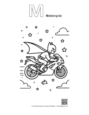Thumbnail: Cape Crusader Hero Racing on a Sport Bike Coloring Page Printable Outline Alphabet M Motorcycle