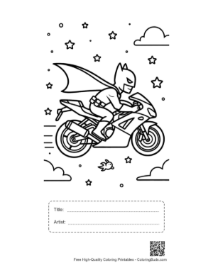 Thumbnail: Cape Crusader Hero Racing on a Sport Bike Coloring Page Printable with Title and Artist Box