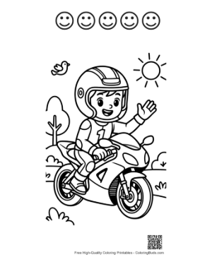 Thumbnail: Cool Kid Biker on a Fast Sport Bike Coloring Page Printable and 5 Happy Face Outline