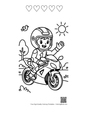 Thumbnail: Cool Kid Biker on a Fast Sport Bike Coloring Page Printable and 5 Heart Outline