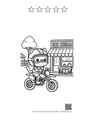 Thumbnail: Cute Kitty Riding Dirt Bike Near Ice Cream Shop Printable and 5 Star Outline
