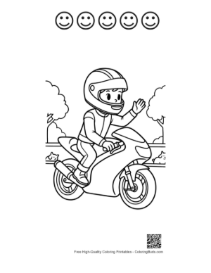 Thumbnail: Happy Boy Waving While Riding Sport Bike Coloring Page Printable and 5 Happy Face Outline
