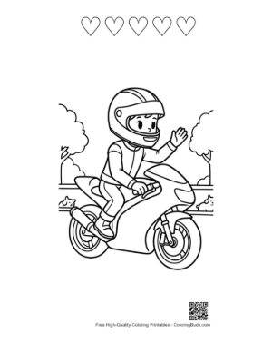 Thumbnail: Happy Boy Waving While Riding Sport Bike Coloring Page Printable and 5 Heart Outline