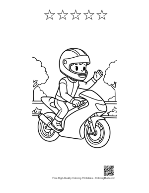 Thumbnail: Happy Boy Waving While Riding Sport Bike Coloring Page Printable and 5 Star Outline
