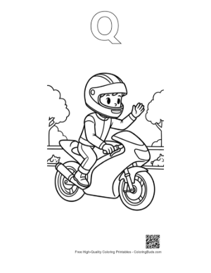 Thumbnail: Happy Boy Waving While Riding Sport Bike Coloring Page Printable Outline Alphabet Q