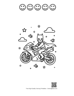 Thumbnail: Hero Character Speeding on a Sport Bike Coloring Page Printable and 5 Happy Face Outline