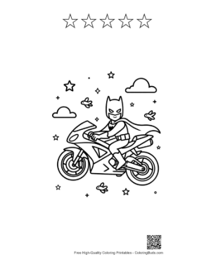 Thumbnail: Hero Character Speeding on a Sport Bike Coloring Page Printable and 5 Star Outline