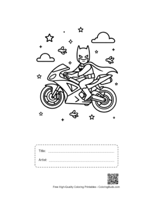 Thumbnail: Hero Character Speeding on a Sport Bike Coloring Page Printable with Title and Artist Box
