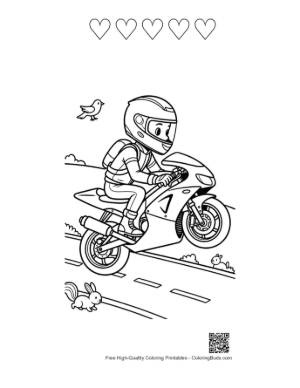 Thumbnail: Kid Biker Performing a Stunt on Sport Bike Coloring Page Printable and 5 Heart Outline