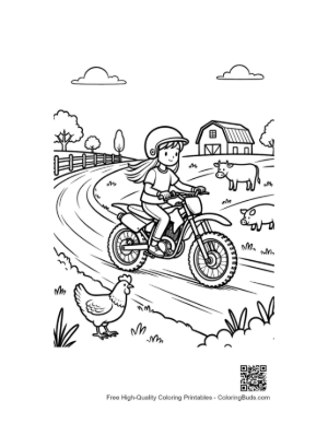 Thumbnail: Kid Dirt Bike Rider Passing Farm Chickens Printable