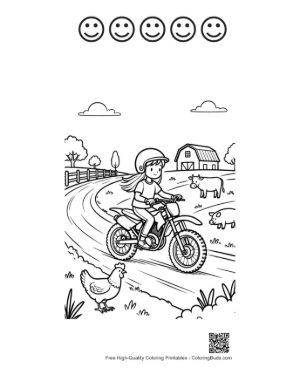 Thumbnail: Kid Dirt Bike Rider Passing Farm Chickens Printable and 5 Happy Face Outline