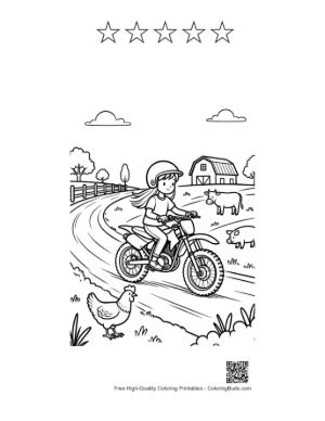 Thumbnail: Kid Dirt Bike Rider Passing Farm Chickens Printable and 5 Star Outline