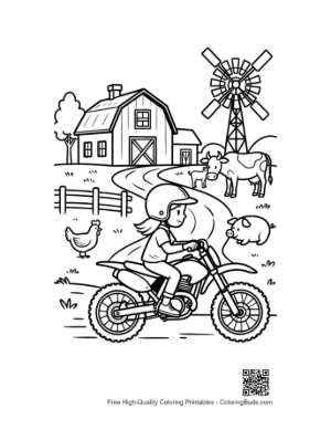 Thumbnail: Kid on Dirt Bike Near Farm Windmill and Cows Printable