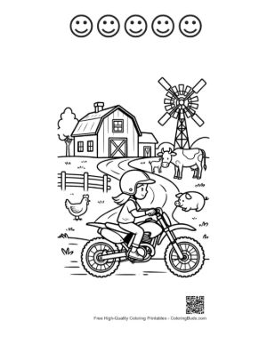 Thumbnail: Kid on Dirt Bike Near Farm Windmill and Cows Printable and 5 Happy Face Outline