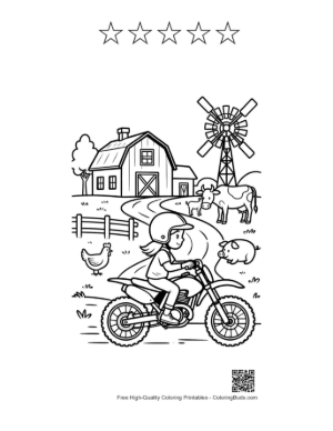 Thumbnail: Kid on Dirt Bike Near Farm Windmill and Cows Printable and 5 Star Outline