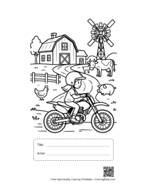Thumbnail: Kid on Dirt Bike Near Farm Windmill and Cows Printable with Title and Artist Box