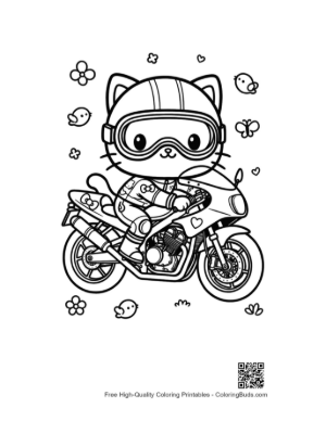 Thumbnail: Kitten Biker Wearing Goggles on Sport Bike Coloring Page Printable