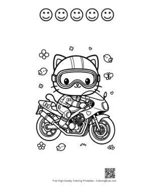 Thumbnail: Kitten Biker Wearing Goggles on Sport Bike Coloring Page Printable and 5 Happy Face Outline